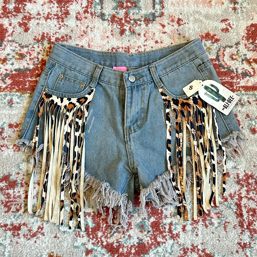 NWT Extra‎ High Cut High Rise Fringe Denim Shorts cheetah, leopard Shop Ali Dee